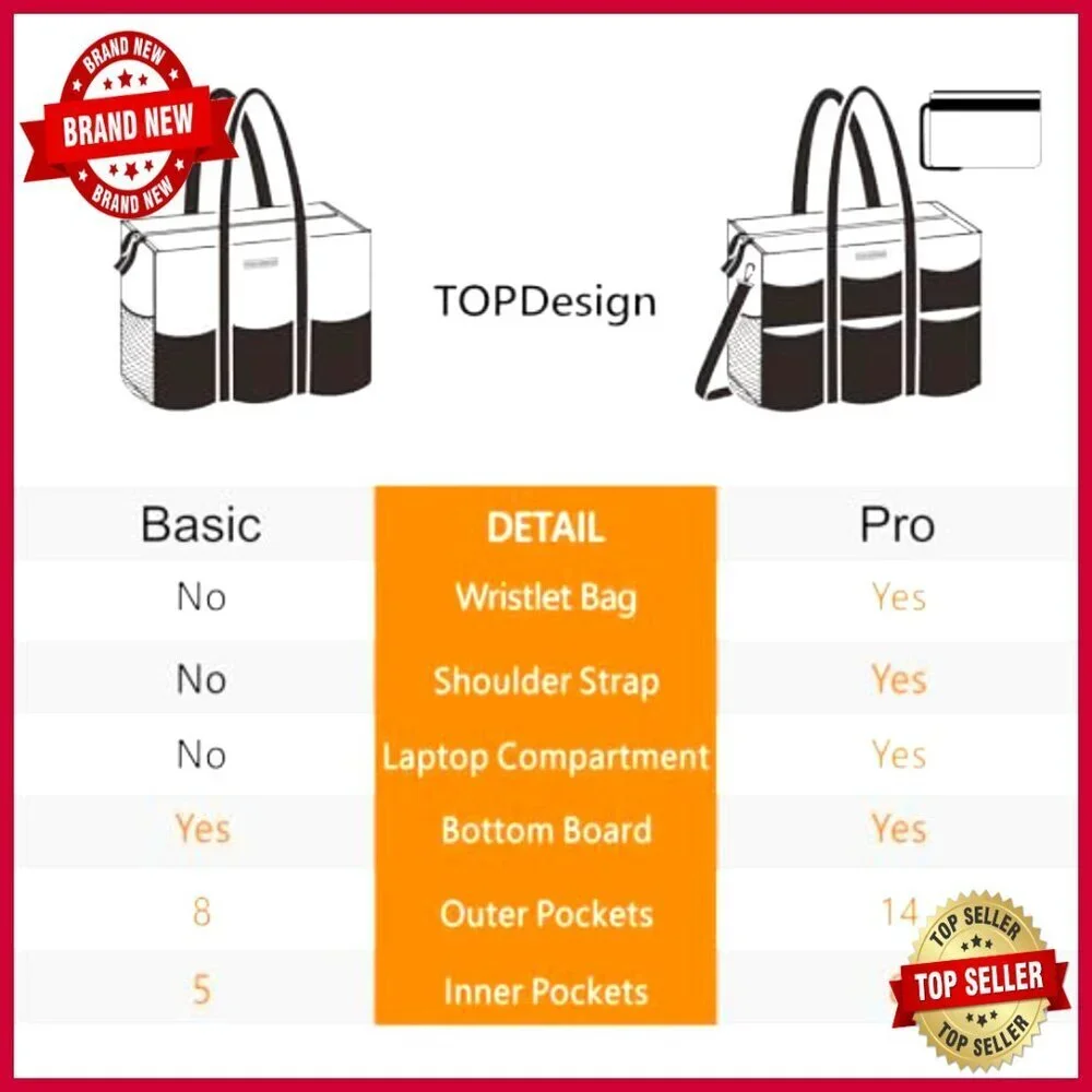 Large Water Resistant Tote Bag with 22 Pockets for Professionals